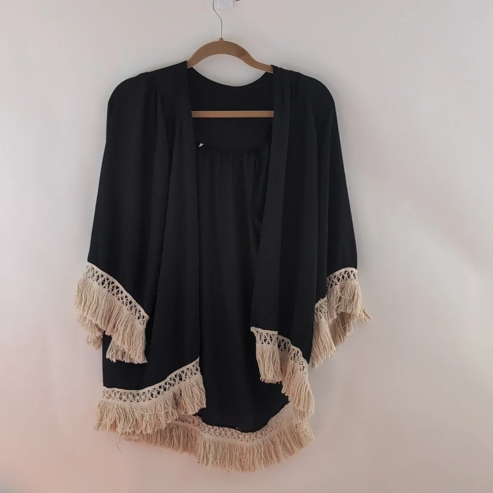 Elegant Black Fringe Kimono Up to Size Large